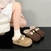 Women's Retro Lightweight and Comfortable Non-slip Heightening Winter Warm Plush Lining Non-slip Durable Casual Cotton One-step Half Slippers