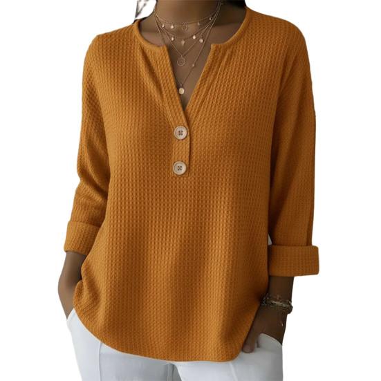 

Жіночі топи з V-подібним вирізом, на ґудзиках, з довгим рукавом, однотонні, вільні, пуловери, з напівпланкою, приталені, вафельна текстура 2XL жовтий
