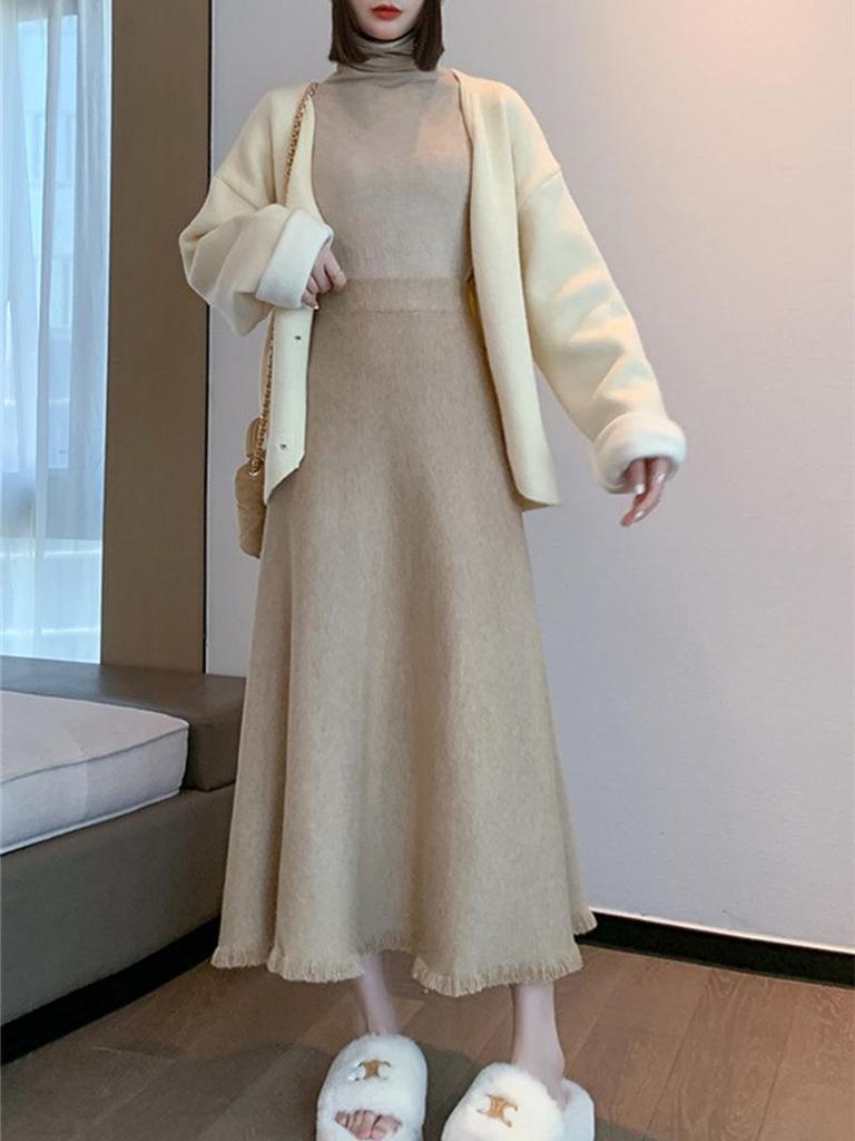 KANING Damen Quasten Wollstrick High Waist Midi Rock - Schlankmachend Unifarben für Herbst/Winter