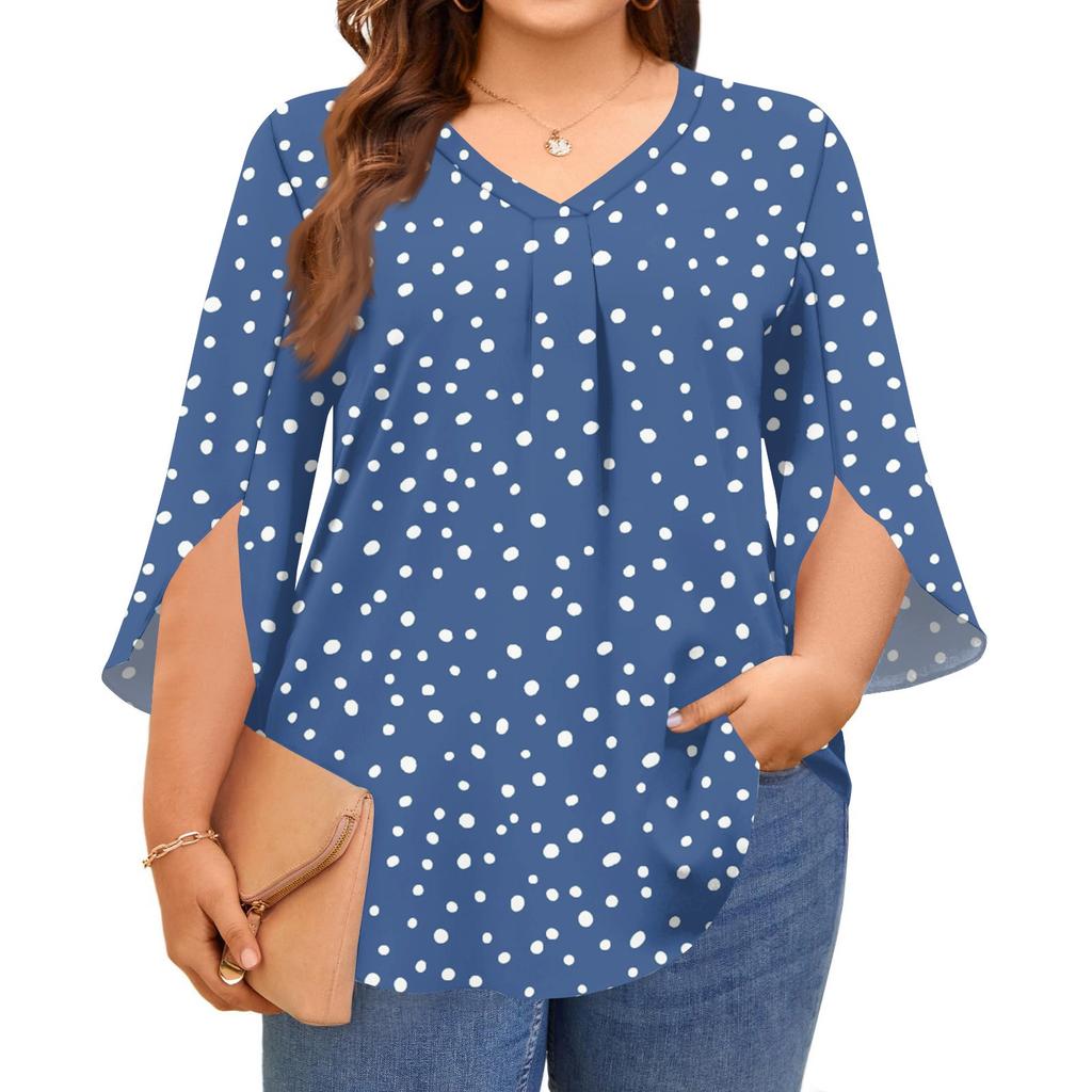 Women's Prined V-neck Plus Size Tops 3/4 Sleeves Elegant Shirt Tops