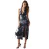 American Spice Girl Style Neck Dress Women's Summer Split Forked Fine Glitter Printed Mesh Dress Side Pleated Sexy Long Skirt