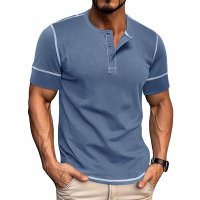 Stil European și American Cămașă Henry de Vară pentru Bărbați Mânecă Scurtă Tricou Color-block Top cu Gât Rotund cu Nasturi