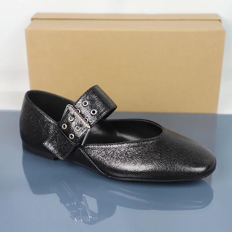 Fashion High Quality Women's Mary Jane Shoes Vintage Round Toe Soft Leather Black Decorative Strap Buckle Barefoot Flats for Female