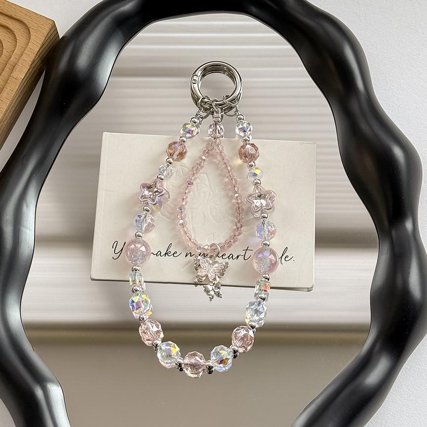 Stylish Bling Crystal Beads Butterfly Phone Strap Charm Keychain Pendant Bracelet Airpods Accessories Women Girl Hanging Cord