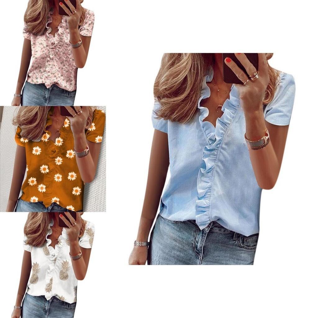 Stylish Women's V Neck Ruffle Short Sleeve T Shirt With Fashionable Daisy Print