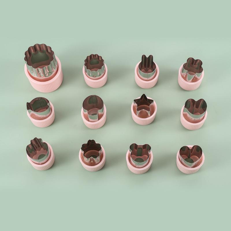 12-Piece Stainless Steel Cookie Cutter Set: Includes Hand Guard, Bow Tie, Vegetable, Animal, Cartoon, Fruit, and Flower Shapes for Home Use.