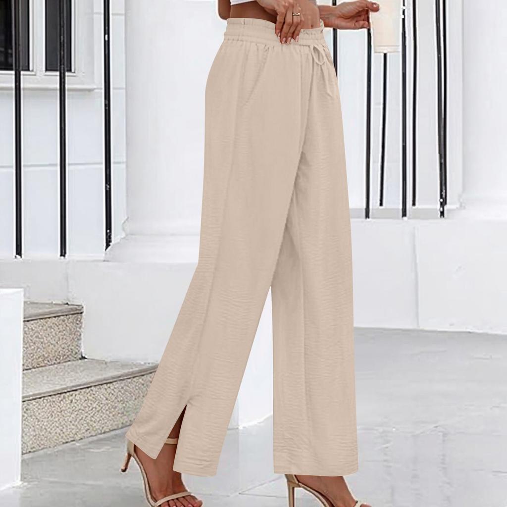 Women's Fashion Loose Wide Leg Pants Slits At The Cuffs Elastic Waist Drawstring Pockets Casual Pants