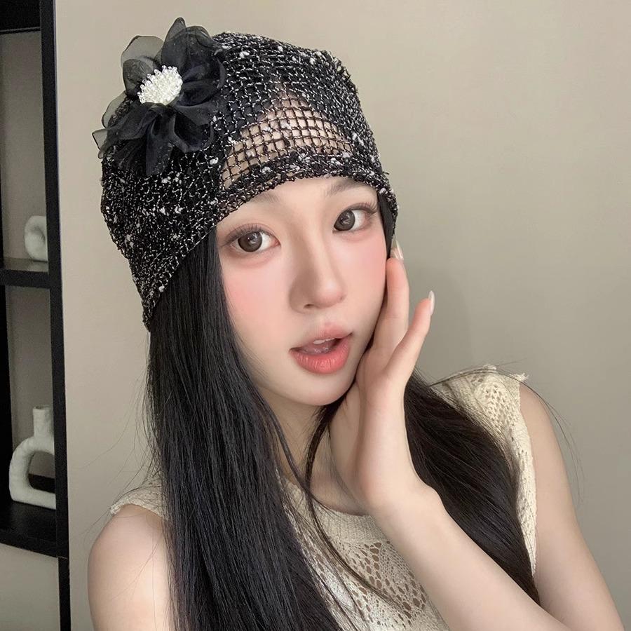 Korean Style Hollow Pearl Flower Knitted Hat Women Summer Trend Thin Breathable Beanie Y2K Spicy Girl Fashion Versatile Pile Hat