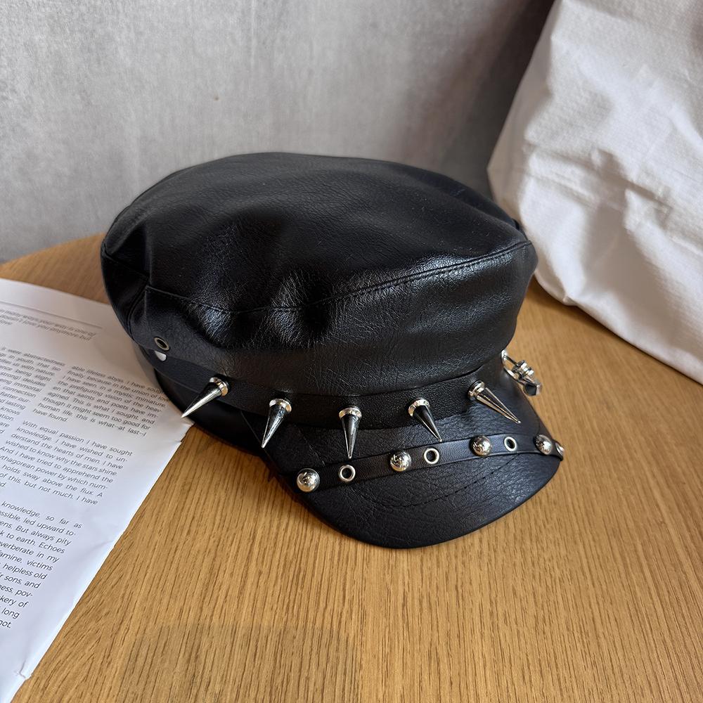 Nieten Baskenmütze Schwarzes Leder Newsboy Cap Kunstleder Schnalle Malerhut Flache Kappe Militärkappe Klassisch Lässig Cool Achteckige Mütze