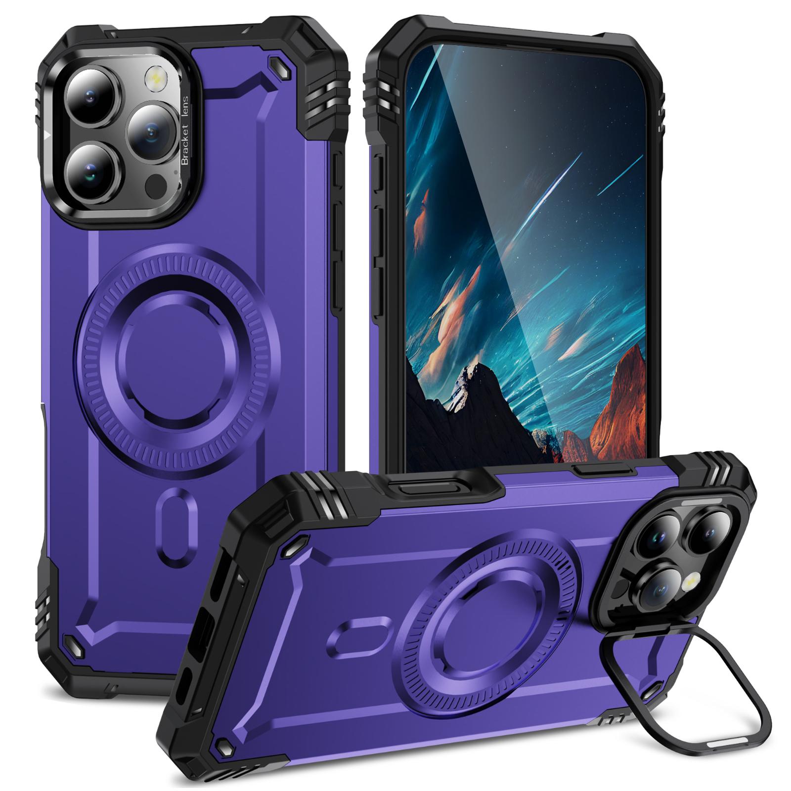 

For iPhone 16 Pro Magnetic Case Lens Kickstand PC+TPU Shockproof Phone Cover Purple