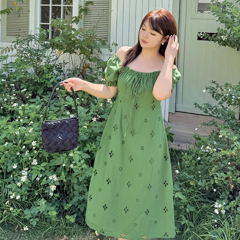 French Square Collar/one-word Shoulder Hollow Dress Women's Summer New Fat Mm Waist Medium and Long Dress 232263
