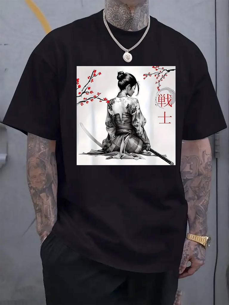 Samurai Art Print T-shirt - Traditional Japanese Warrior Design with Cherry Blossoms