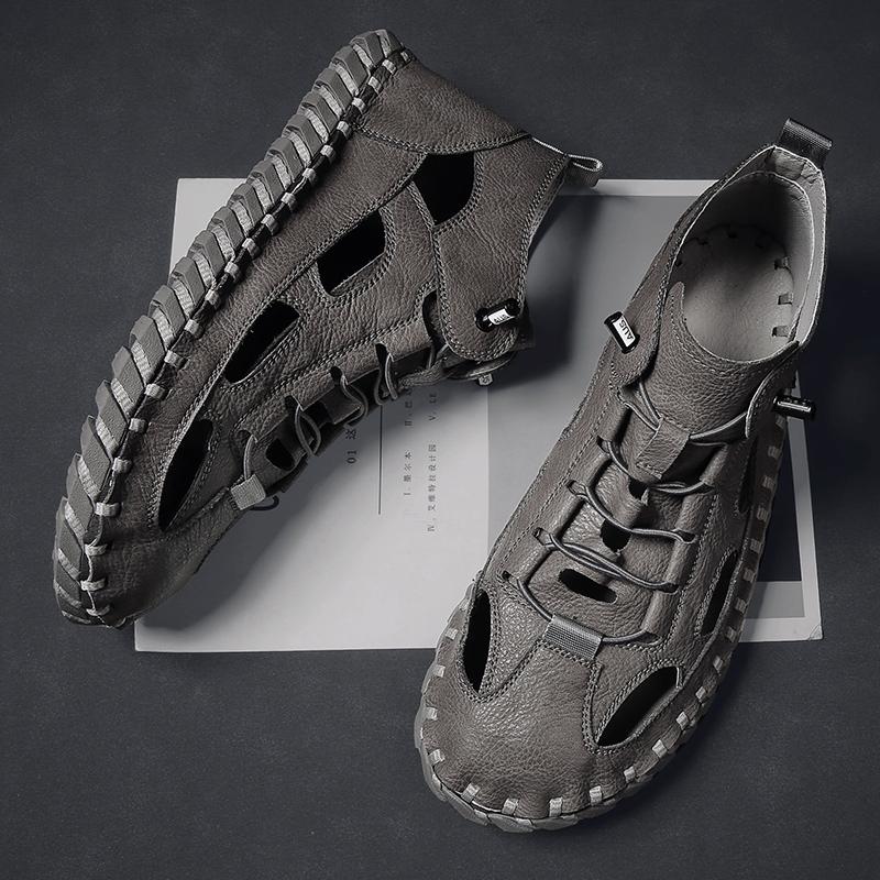 Fashion Leisure Anti-collision Toe Sandals Men High Top Leather Roman Sandals Fashion Men's Beach Flats Quick Dry Male Wading Aqua Shoes