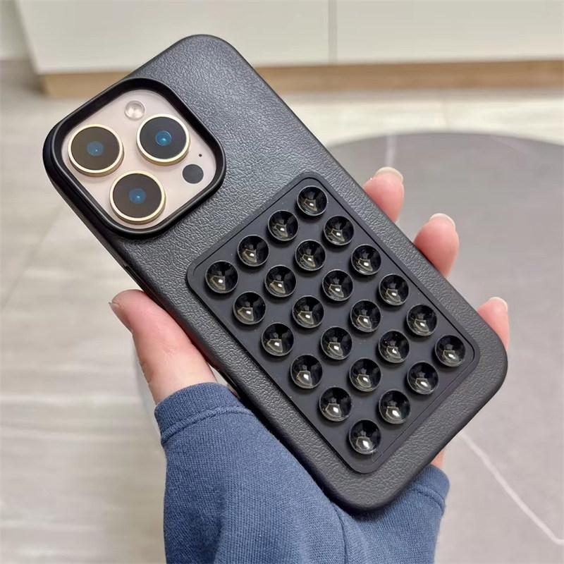 Luxury 3D Suction Cup Stand Litchi Pattern Phone Case For iPhone17 16 15 14 Plus 13 12 11 Pro Max XR X XS Soft Shockproof Cover