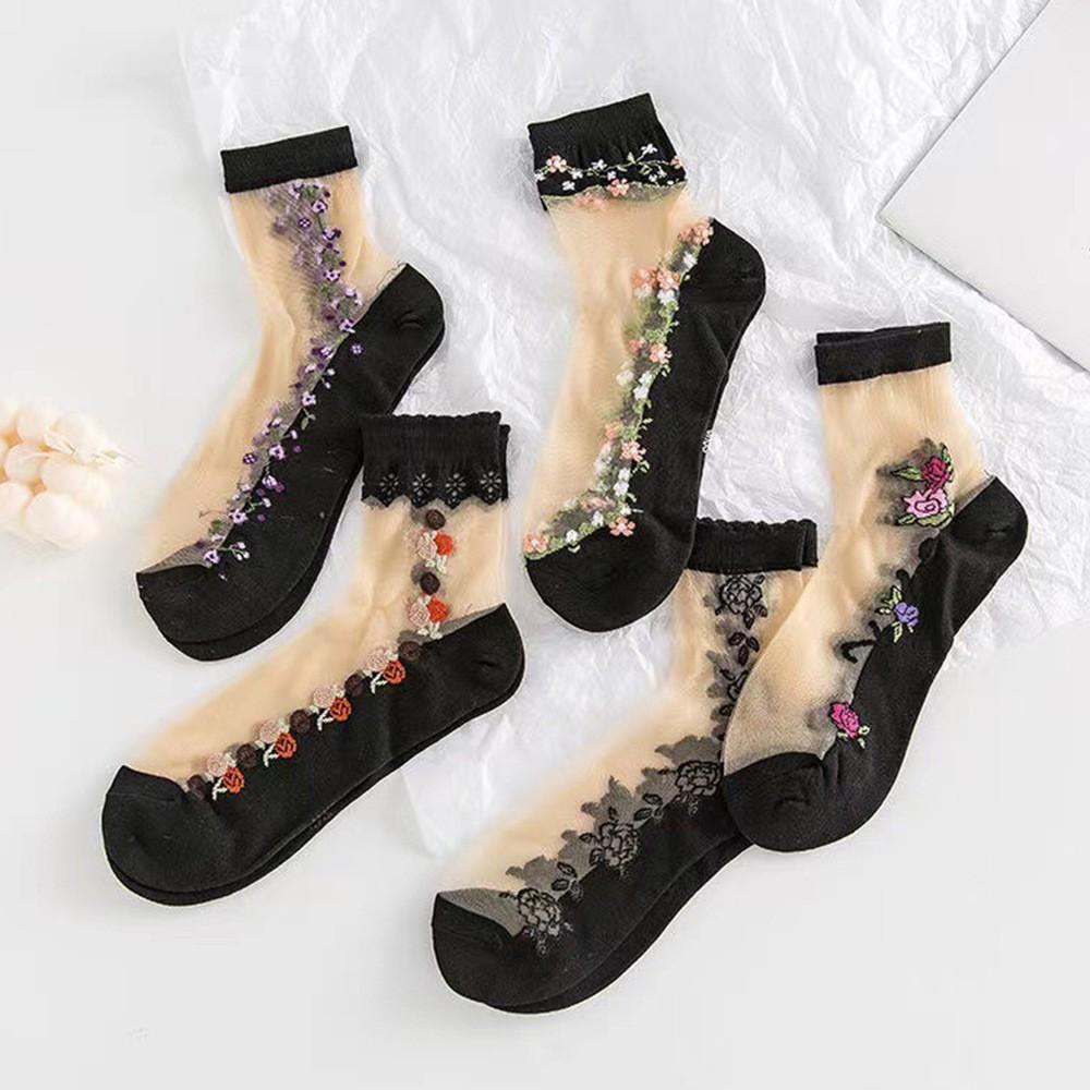 5 Pairs Women Ice Silk Mid Calf Socks Spring Summer Breathable Thin Crystal Sheer Snag Hosiery