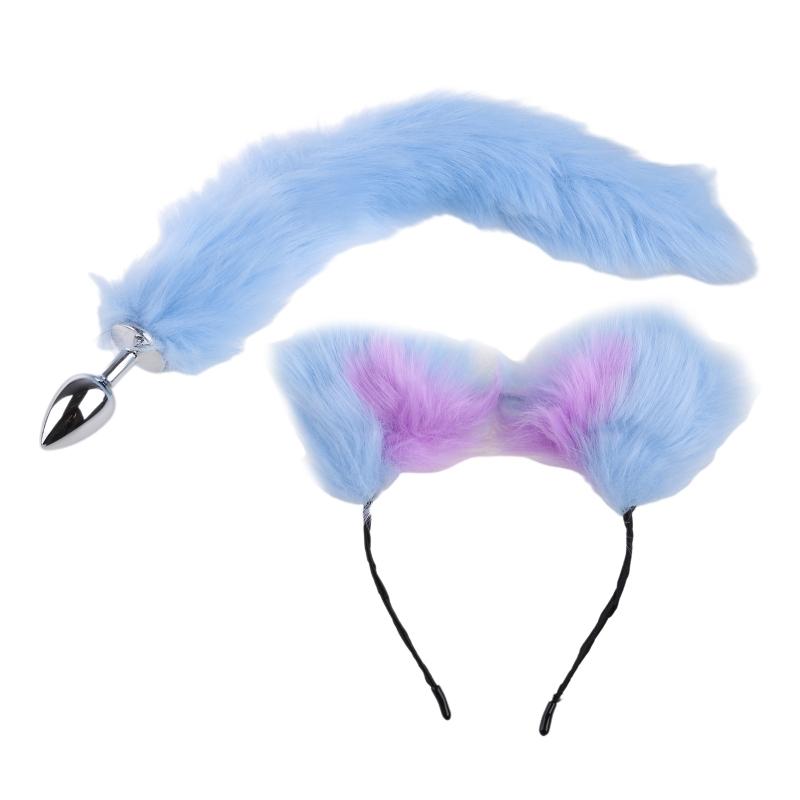 Metal Butt Plug with Fluffy Plush Animal Foxes Tail Ears Headband Set Cosplay Costume Props for Couples Game Sex Toy