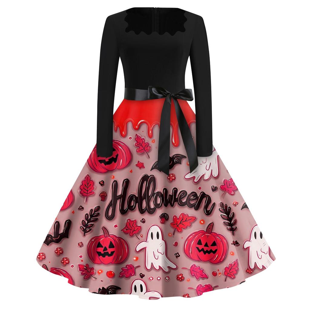 Halloween Print Flare Dress For Women Long Sleeve Dress Hollow Party Casual Dresses