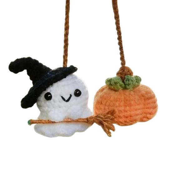 Hand Woven Woolen Ghost Decor Handmade Pumpkin Car Rear View Mirror Pendant, Cute Crochet Pendant Ornament Hanging for Halloween Auto Interior