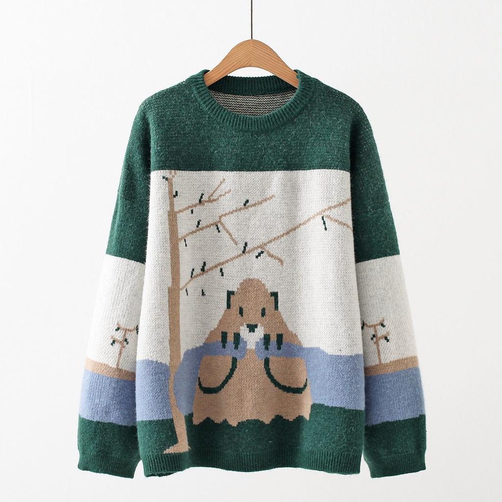 WTEMPO Bear Jacquard Crew Neck Loose Pullover Sweater Large Size Women's Korean Version Knitwear Long Sleeve Jumper