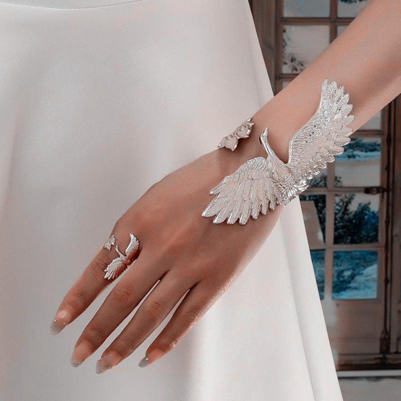 2 Pcs Gold Phoenix Cuff Bracelet Ring Set Exquisite Carved Details Adjustable Size Great For Party Prom Gift