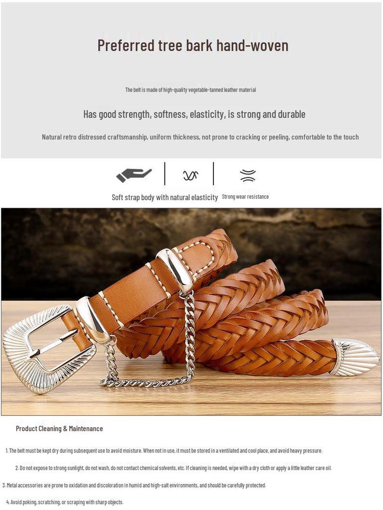 Women's Genuine Leather Woven Belt - Handmade, Punch-Free, Pin Buckle, Decorative Cowhide, In Stock