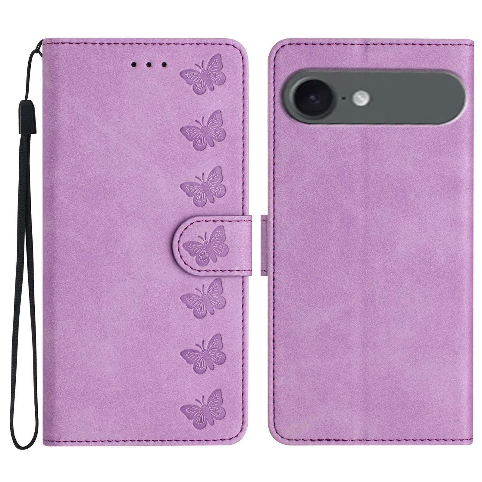 

For iPhone 17 Air Case Imprinted Butterfly Leather Wallet Phone Cover with Hand Strap Purple