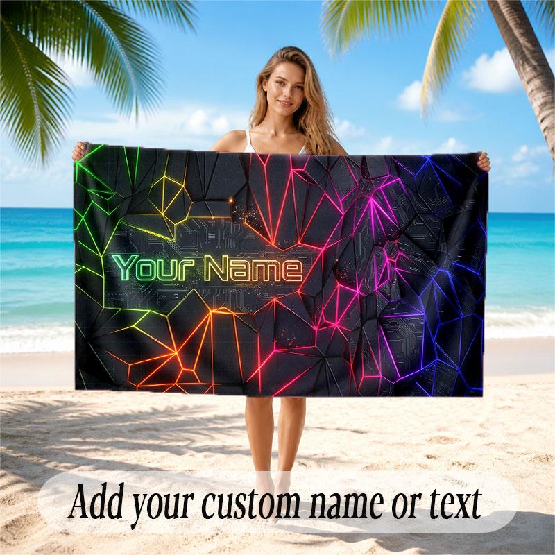 Abstract Geometric Theme Soft Beach Towel Personalized Custom Name Text Towel Portable for Beach Pool Travel