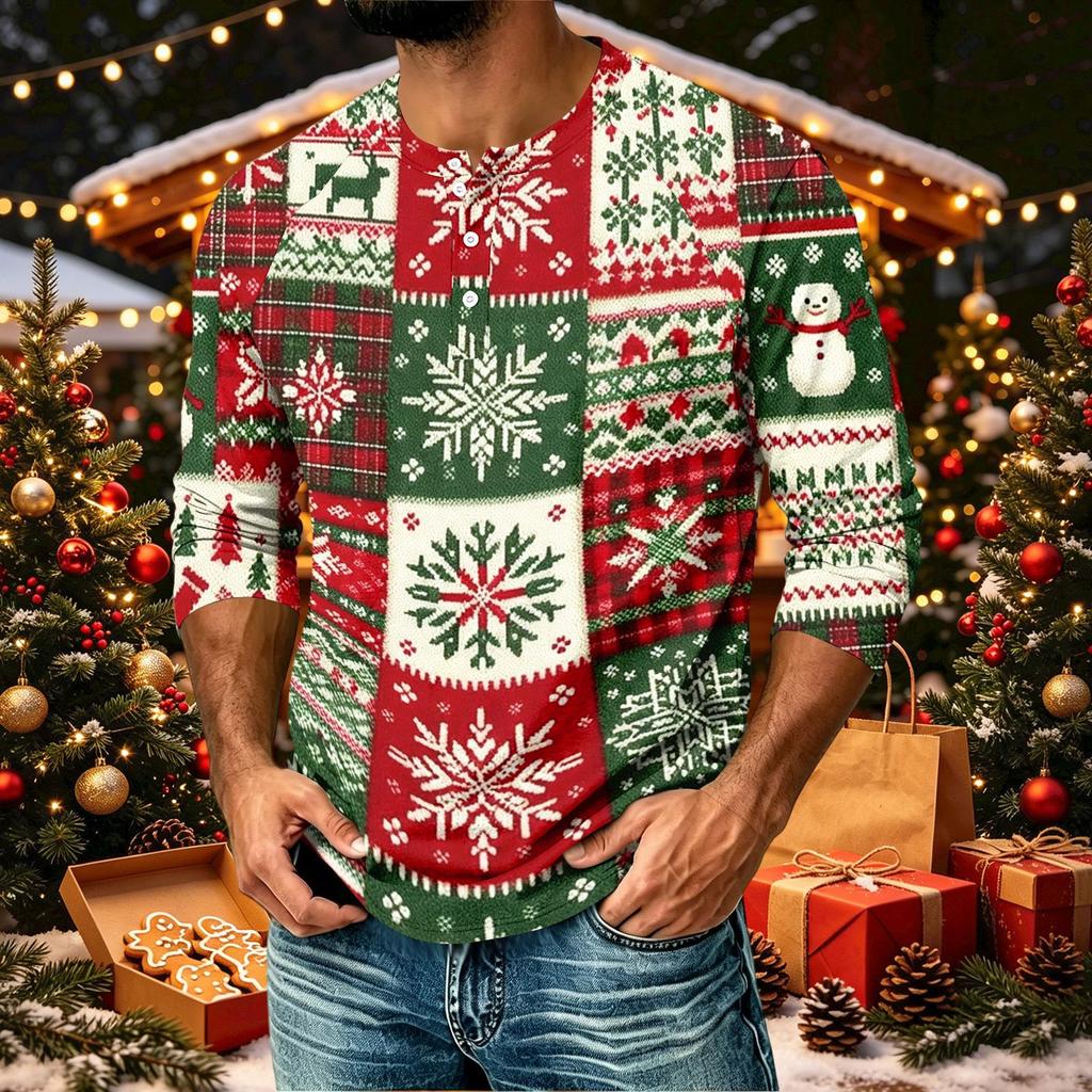 Men's Casual Shirt with Three-Quarter Raglan Sleeves Christmas Print