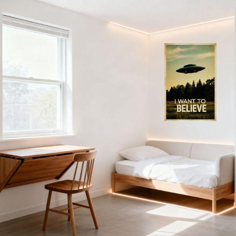 Vintage UFO 'Chci věřit' Kovový plechový nápis, Retro mimozemský plakát Nástěnná deska pro domácí bar Pánskou jeskyni Kancelářskou dekoraci