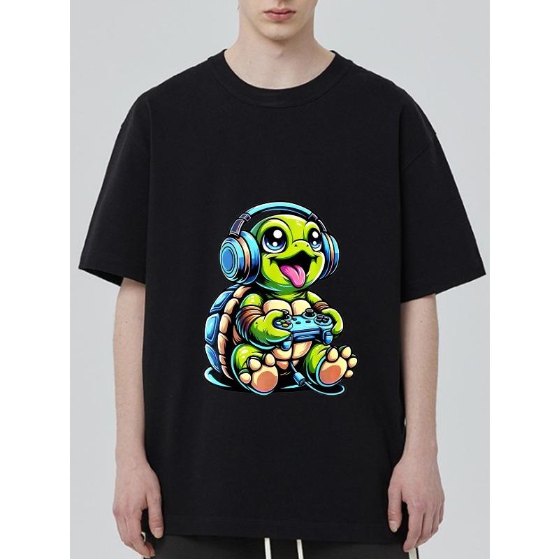 Crewneck T Shirt Black Turtle Gamer with Headphones and Controller Print for Casual Wear and Gaming Events
