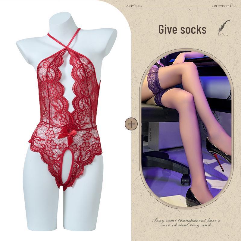 Women's Open Crotch See-Through Lace Bodysuit with Pearl Detail