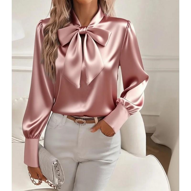 Chemisier Satiné à Manches Longues pour Femme avec Col à Nœud Chemise de Bureau Élégante 2025
