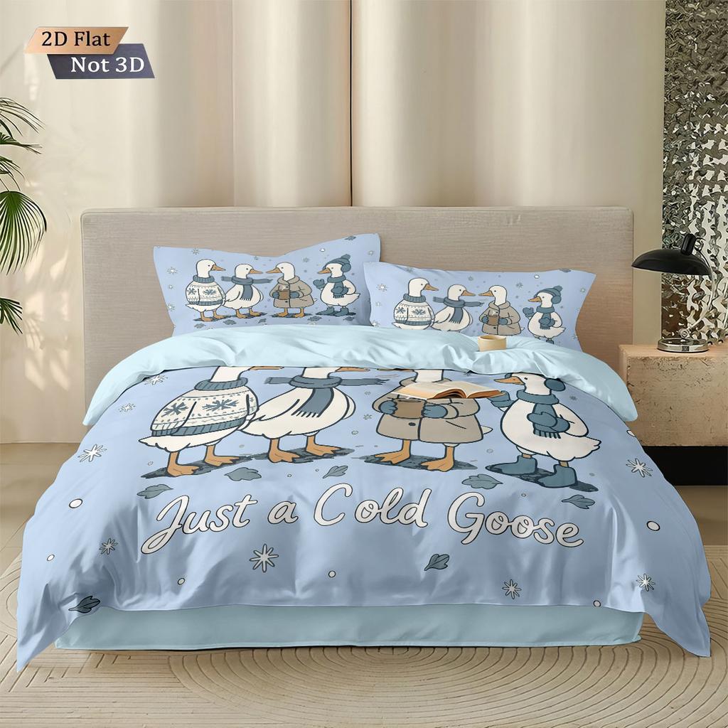 3Pcs Cute Cartoon Goose Print Coreless Down Duvet Cover Set Multi Size Bedroom Bedding Holiday Decoration Machine Washable