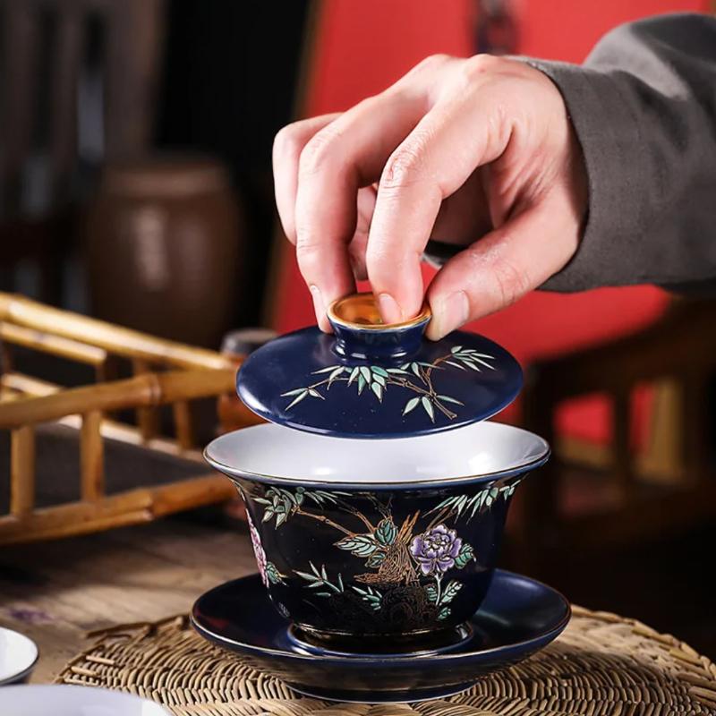 Ceramic Tea Cup with Gold Outline Chinese Kung Fu Master Cup Creative Gift Box Set of 6 Unique  Stylish Tea Drinking Accessories