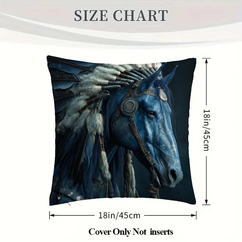 1Pc Of Short Plush Decorative Pillow Cover Featuring An Apache War Horse Design In Blue, With Single-Sided Printing. It Measures