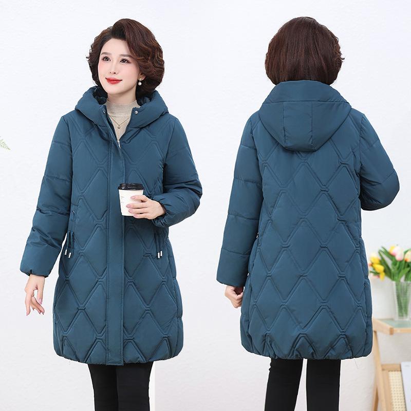Mittelalte Damen Mütter tragen knielange, baumwollgepolsterte Jacke, dicker, westlicher, lockerer Baumwollmantel in Übergröße, baumwollgepolsterte Jacke Winter