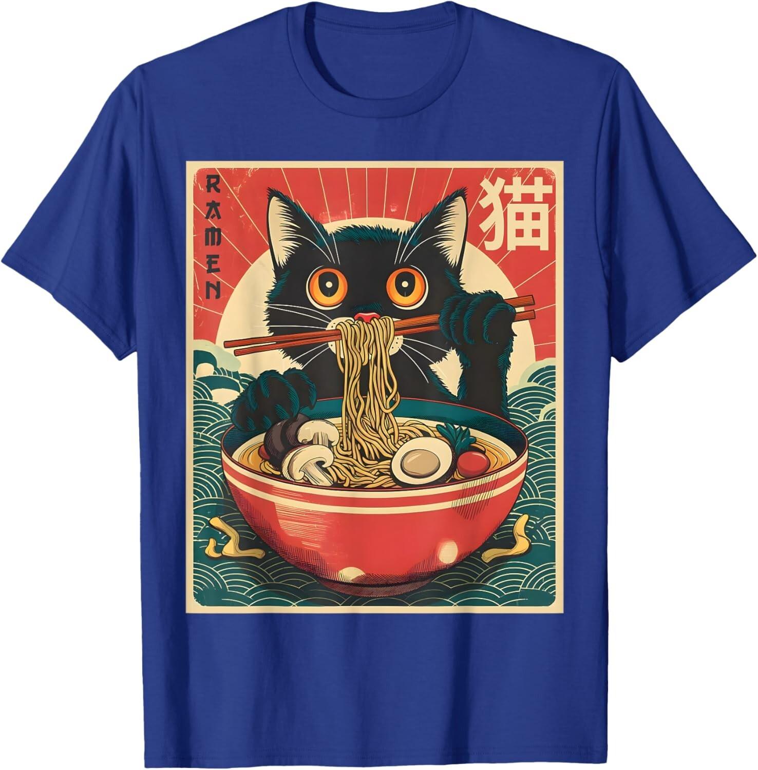 Kawaii Cat Animes Cat Ramen Graphic Tee Japanese Funny Unisex T-Shirt S