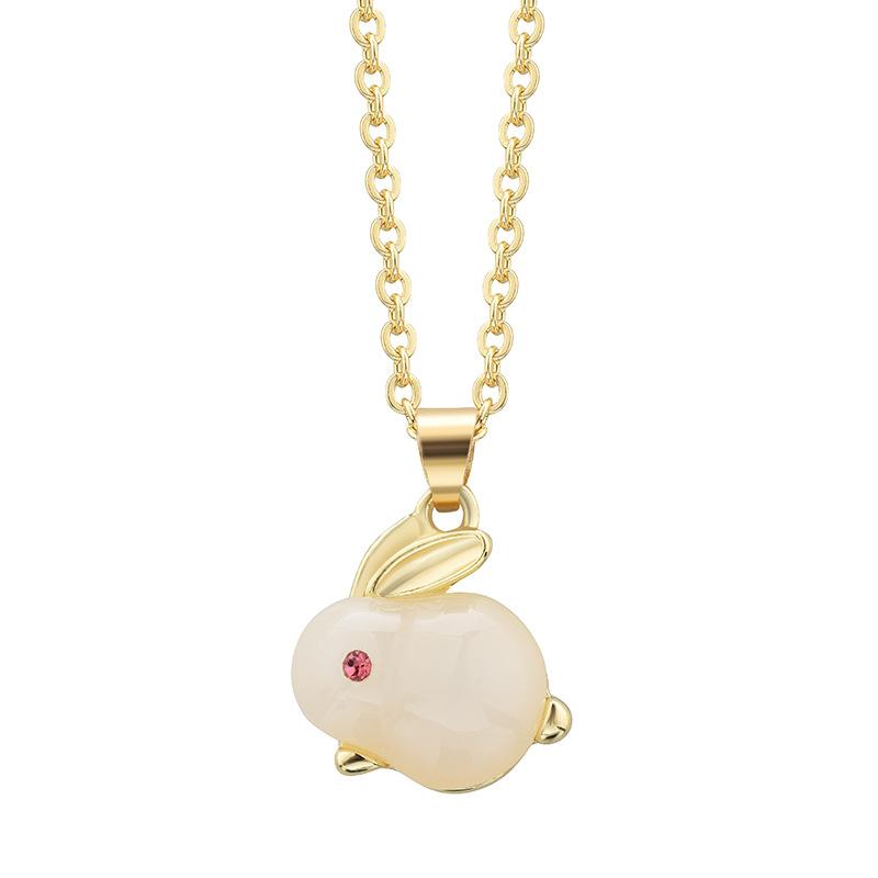 Cute Bunny Pendant Imitation White Jade Rabbit 18K Gold Titanium Steel Necklace Women'S Light Luxury Niche High Sense