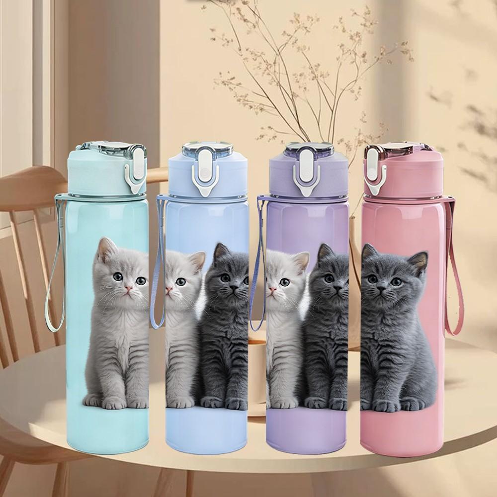 1PC Two Gray Kitten Cat Portrait Print 750ml Color Plastic Sports Water Bottle Leakproof Flip Straw Lid Suitable for Sports Office Home Use