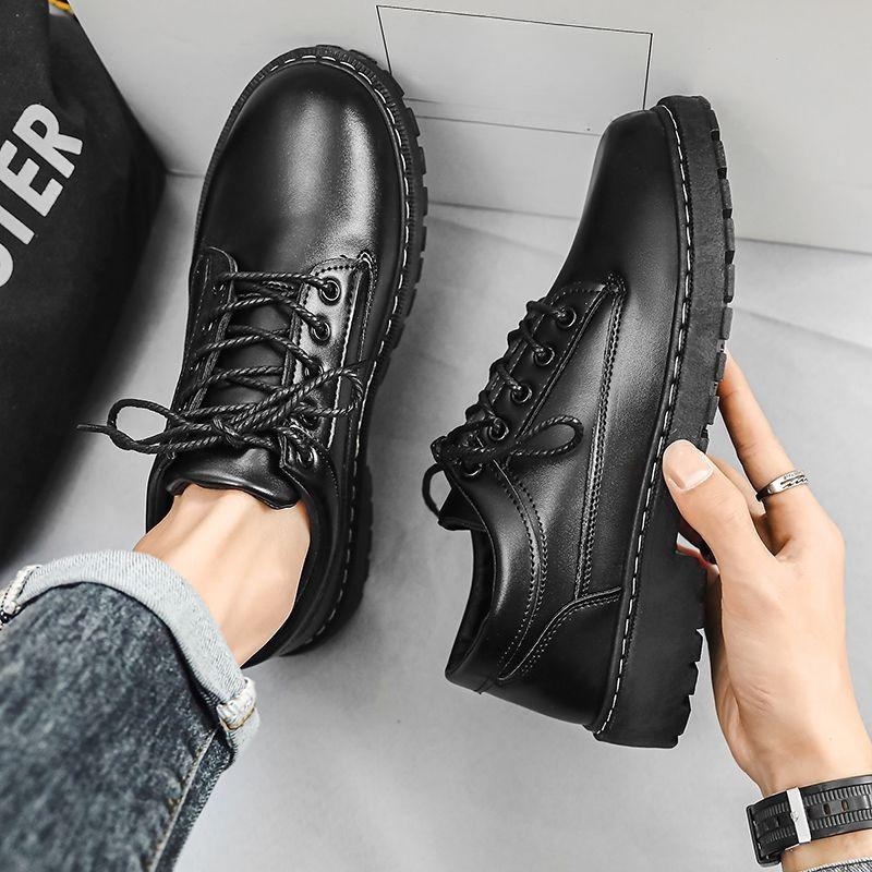 Black Round Toe Thick Sole Men's Leather Shoes Comfortable Low Price New in Elegant High Quality Fashion 2025 Male Casual Shoe