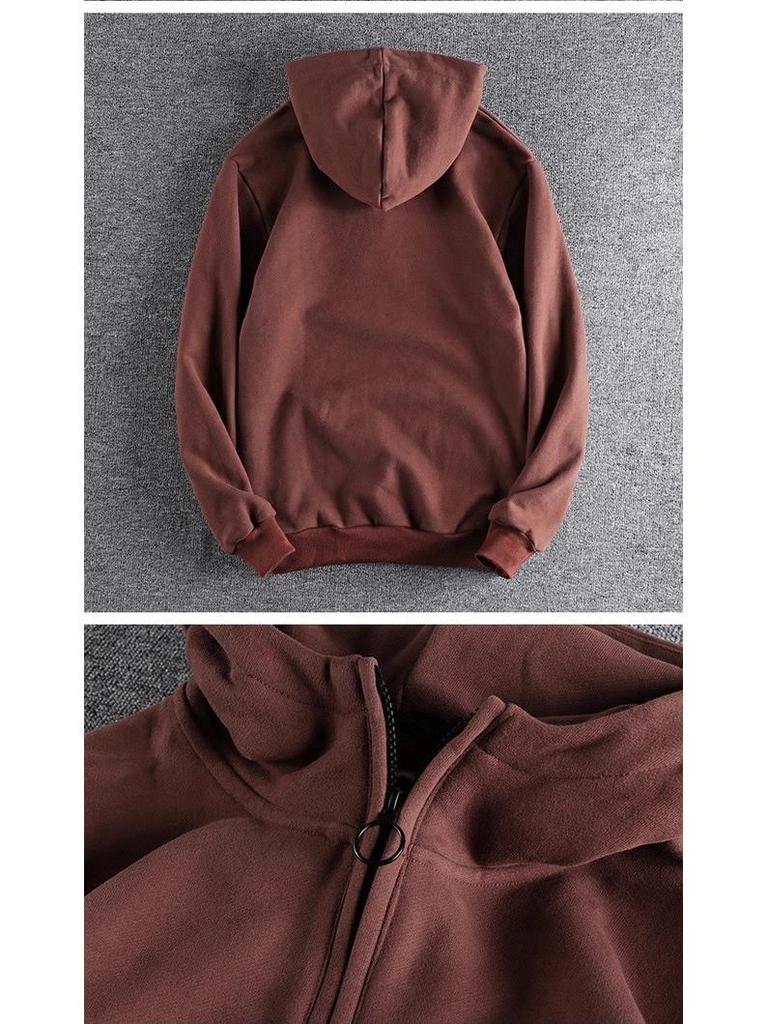 500g Heavyweight Half-Zip Men's Hooded Sweatshirt - Vintage Japanese-Style Trendy Youth Top