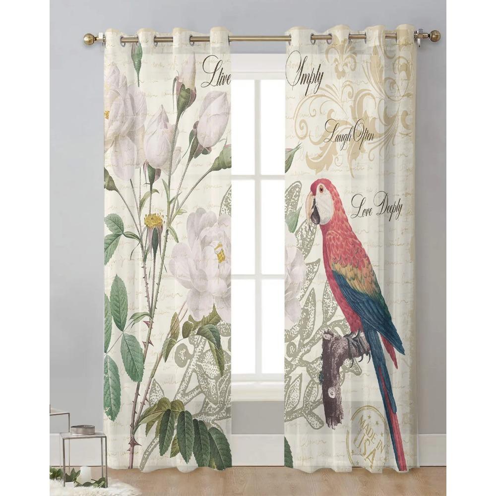 Parrot Bird Rose Flower Retro Sheer Curtains for Living Room Decoration Window Curtain Kitchen Tulle Voile Organza Drapes