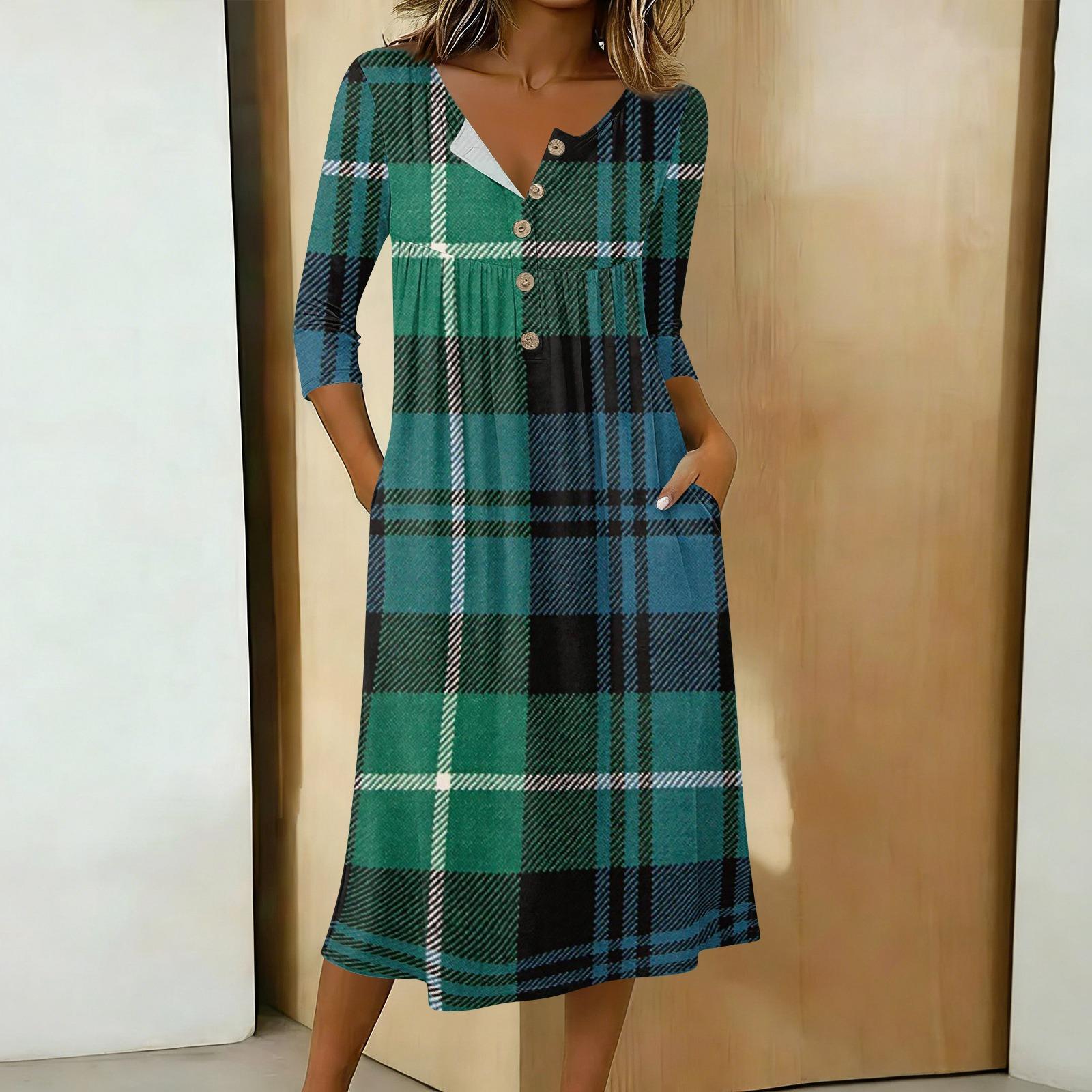 

Women s Casual 3/4 Sleeve Button-down Mid-length Dress S