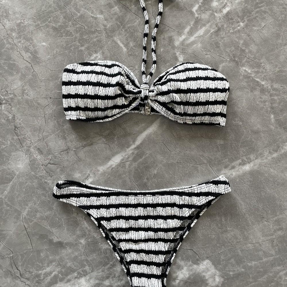 2026 Полосатый Раздельный Купальник Женский Премиум Ощущение Замачивание Весна Прочный Купальник на Шнуровке S чёрный