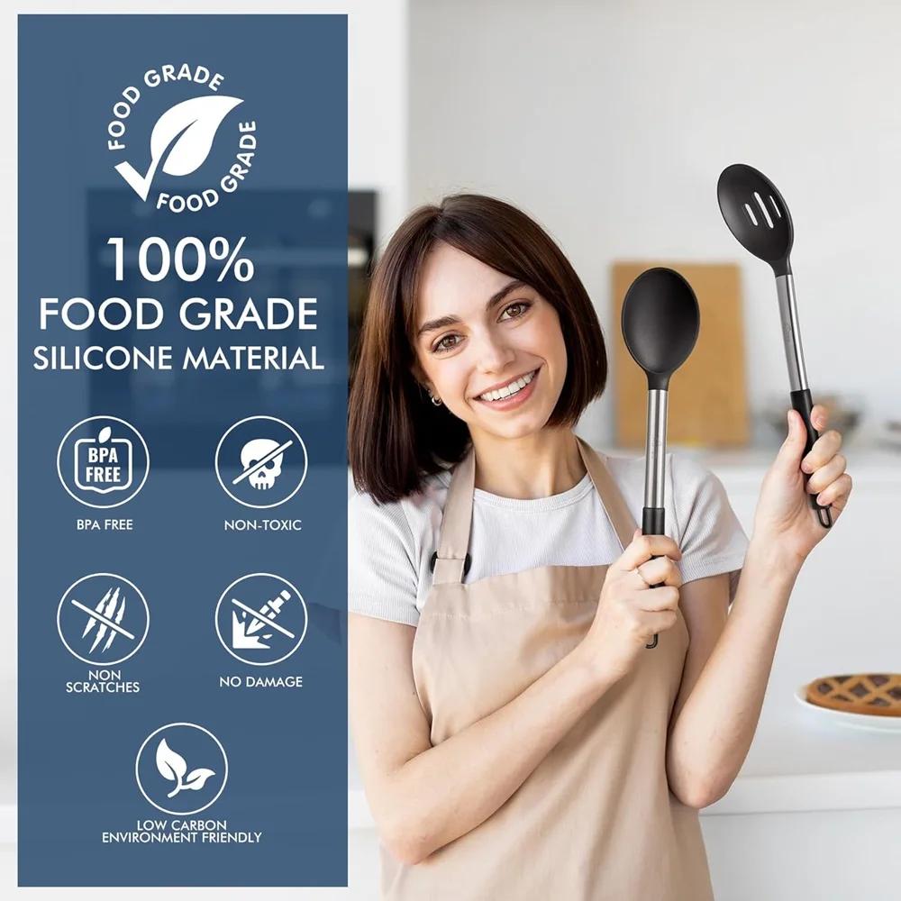 2 Stück Edelstahl Silikon Löffel Sieb Rührset Kochwerkzeuge Küchenutensilien Salatlöffel Antihaft Küchenwerkzeuge