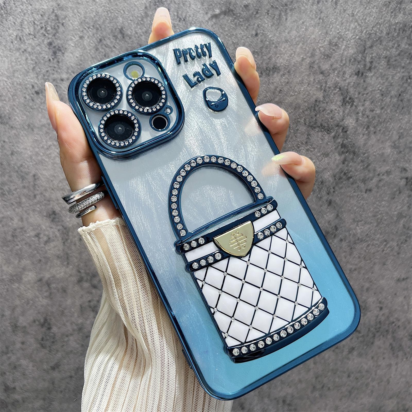 

For iPhone 16 Pro Max Case Mirror Kickstand TPU+PC Shiny Protective Back Cover Blue