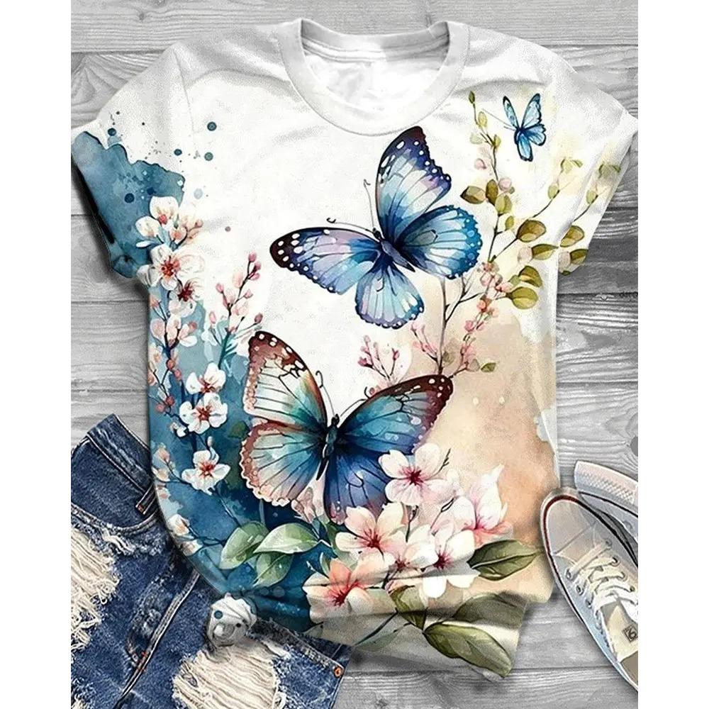 Butterfly Dragonfly Pattern 3D Print T-Shirts Women's Short Sleeves T Shirt Streetwear Y2k Harajuku Tees Tops Female Clothing