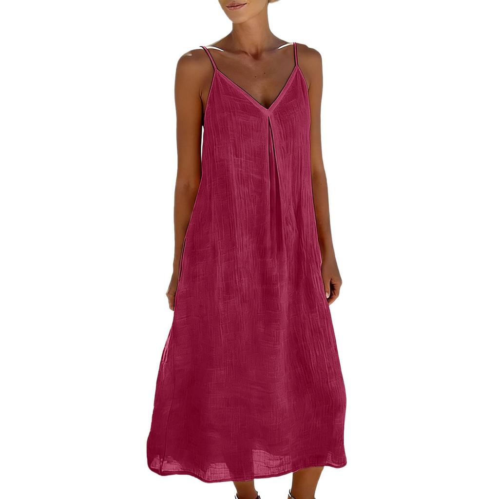Women's Summer Fashion Strap Skirt Loose Fold V-neck Bohemian Vacation Beach Cotton Hemp Dress