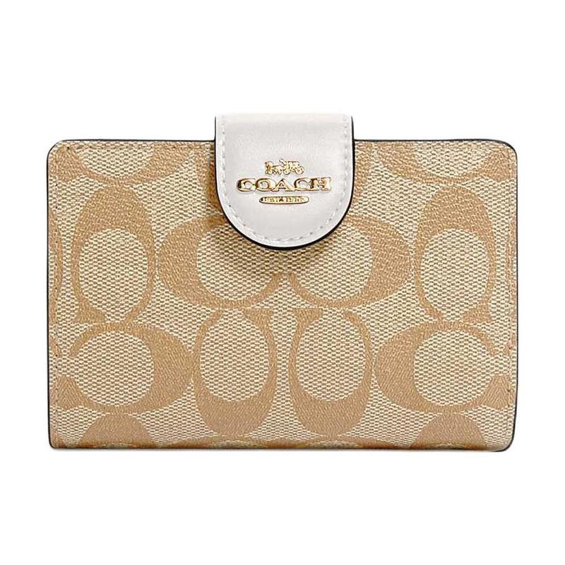 

COACH Corner Zip 13 Snap Folding Sandwich Cowhide Wallet Women s Light Brown Presbyopia with White белый
