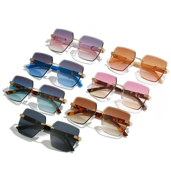 Oversized Rimless Sunglasses for Women Geometric Diamond Cutting Gradient Lens UV Protection Fashion Shades Trendy